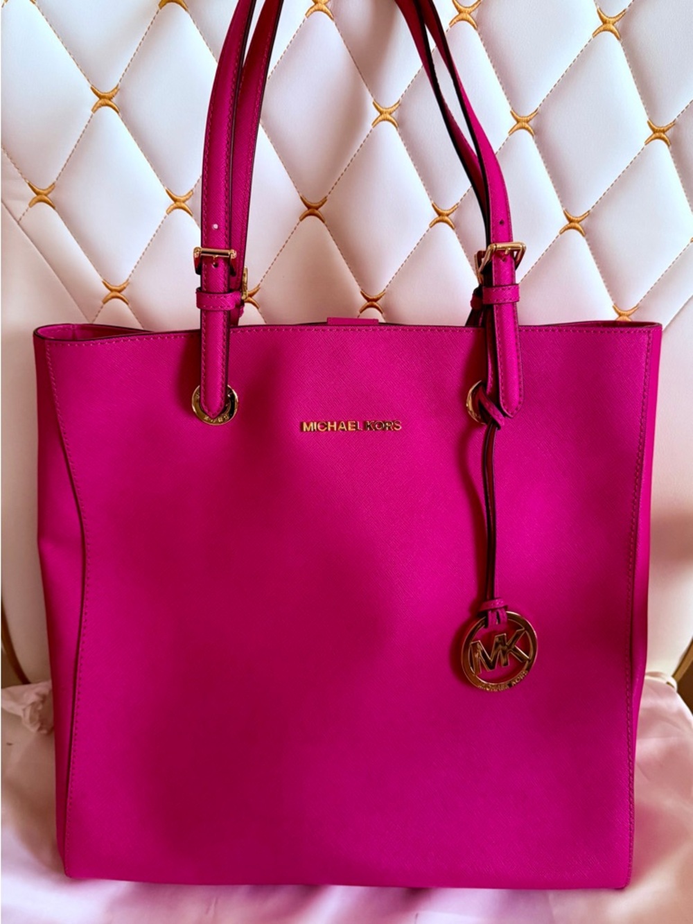 Michael Kors Jet SetHot Pink Tote Bag Gold MK Charm Large Purse
